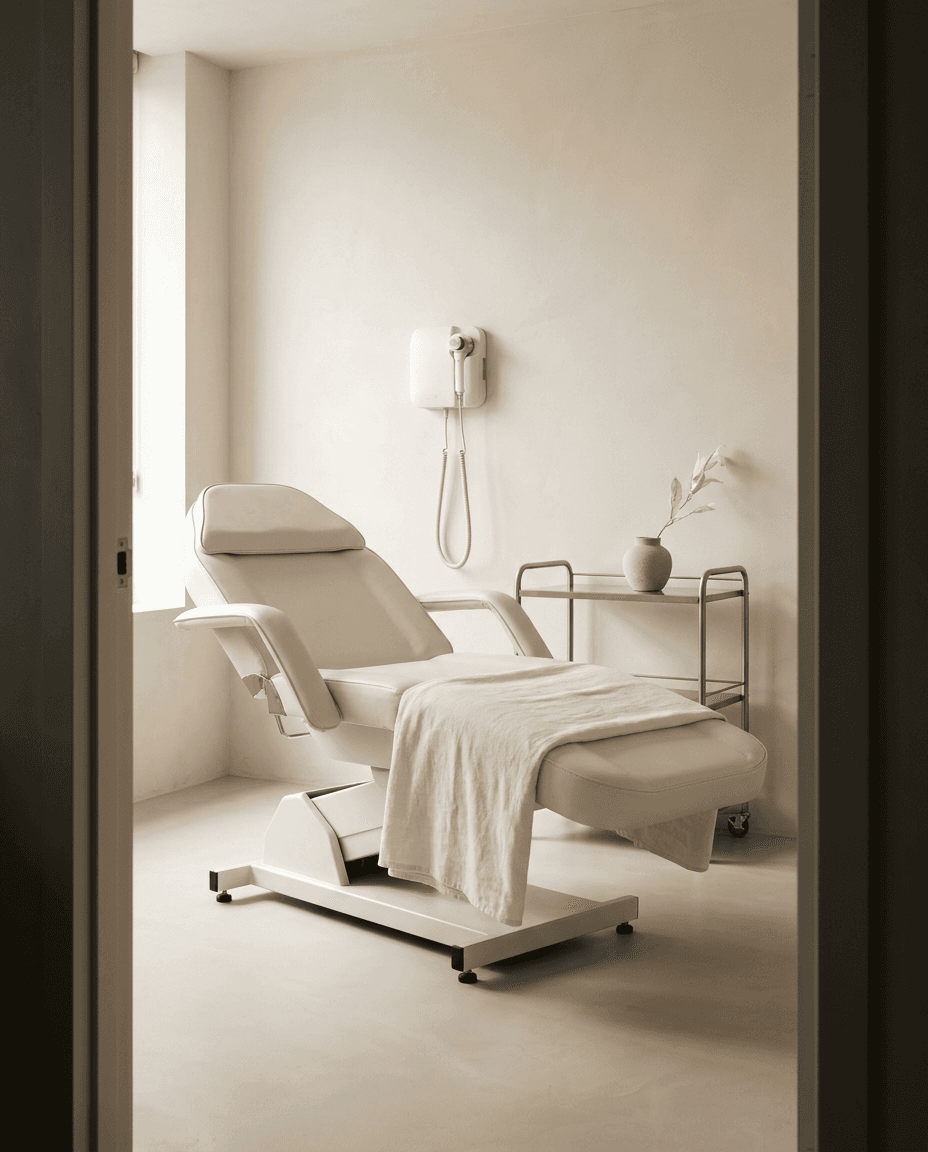 Seoul Clinic treatment room — a calm white interior lit by natural daylight
